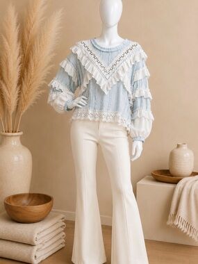 NWOT POL Light Blue Ruffle Lace Peasant Blouse with Cream Trim